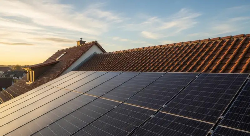 Close-up of photovoltaic solar panels installed on a traditional German Satteldach (gabled roof), blue sky with some clouds