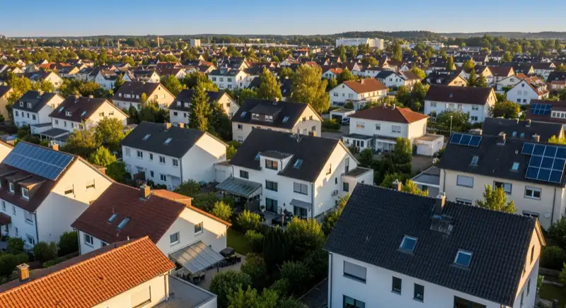 Aerial drone view of typical German residential neighborhood with mixed roof types, red and dark roof tiles, gardens visible, sunny day