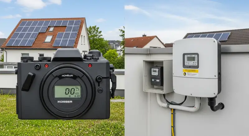 Modern German electrical meter cabinet (Zählerschrank) with smart meter and solar inverter connection, clean technical installation