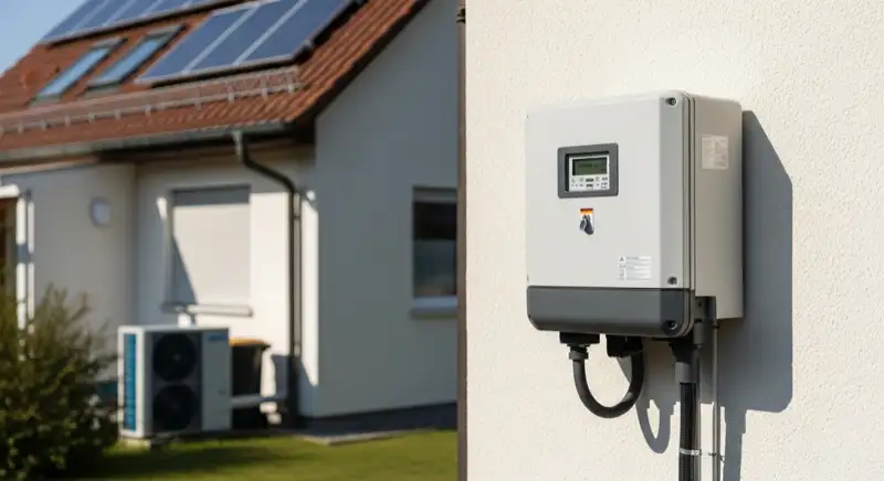 Modern German electrical meter cabinet (Zählerschrank) with smart meter and solar inverter connection, clean technical installation