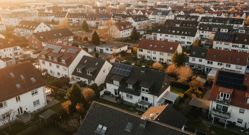 Aerial drone view of typical German residential neighborhood with mixed roof types, red and dark roof tiles, gardens visible, sunny day