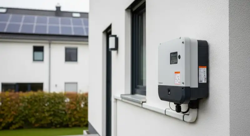 Modern German electrical meter cabinet (Zählerschrank) with smart meter and solar inverter connection, clean technical installation