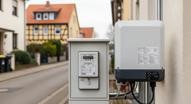 Modern German electrical meter cabinet (Zählerschrank) with smart meter and solar inverter connection, clean technical installation