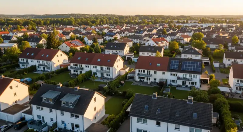Aerial drone view of typical German residential neighborhood with mixed roof types, red and dark roof tiles, gardens visible, sunny day