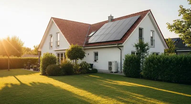 German detached house (Einfamilienhaus) with photovoltaic panels on pitched roof, well-maintained garden, warm afternoon sunlight