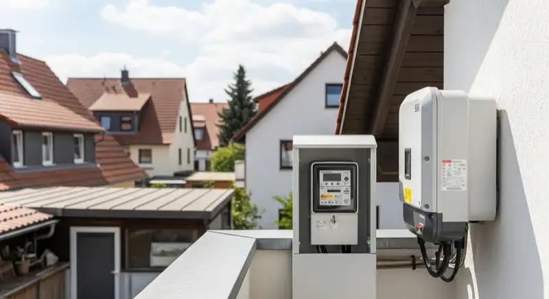 Modern German electrical meter cabinet (Zählerschrank) with smart meter and solar inverter connection, clean technical installation