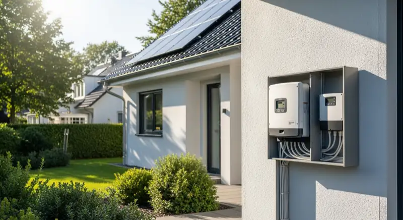 Modern German electrical meter cabinet (Zählerschrank) with smart meter and solar inverter connection, clean technical installation