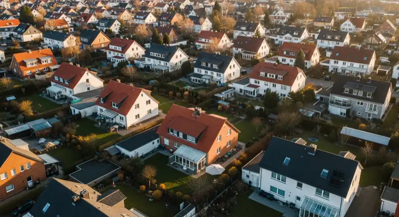 Aerial drone view of typical German residential neighborhood with mixed roof types, red and dark roof tiles, gardens visible, sunny day