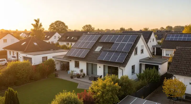 German detached house (Einfamilienhaus) with photovoltaic panels on pitched roof, well-maintained garden, warm afternoon sunlight