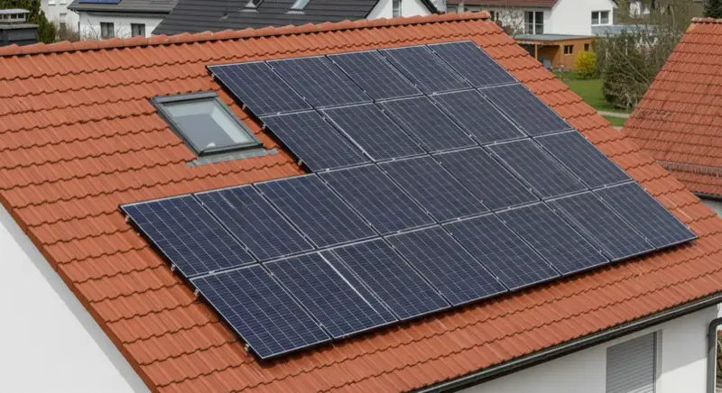 Ziegeldach eines Einfamilienhauses in Ingelheim am Rhein mit Photovoltaik-Modulen