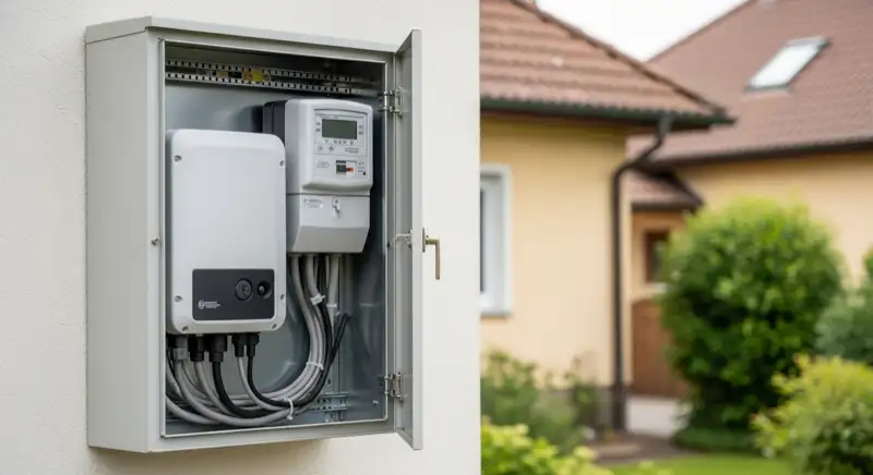 Modern German electrical meter cabinet (Zählerschrank) with smart meter and solar inverter connection, clean technical installation