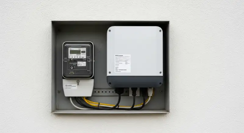 Modern German electrical meter cabinet (Zählerschrank) with smart meter and solar inverter connection, clean technical installation