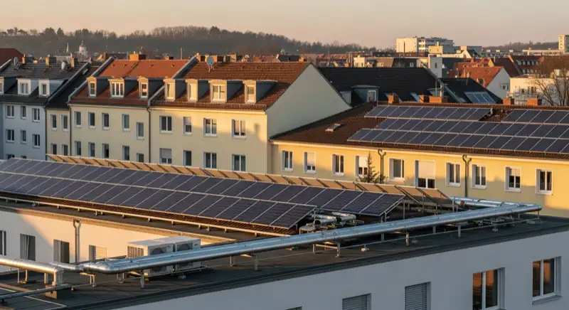 Fernwärmeleitungen und Wohngebäude in Jena mit Photovoltaik-Anlagen auf den Dächern
