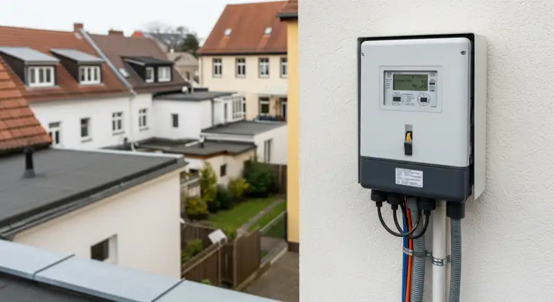 Modern German electrical meter cabinet (Zählerschrank) with smart meter and solar inverter connection, clean technical installation