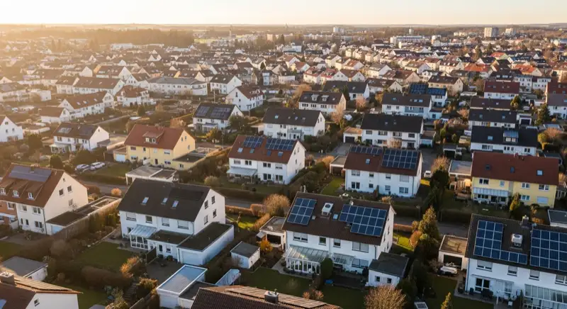 Aerial drone view of typical German residential neighborhood with mixed roof types, red and dark roof tiles, gardens visible, sunny day