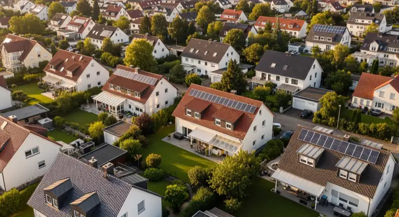 Aerial drone view of typical German residential neighborhood with mixed roof types, red and dark roof tiles, gardens visible, sunny day