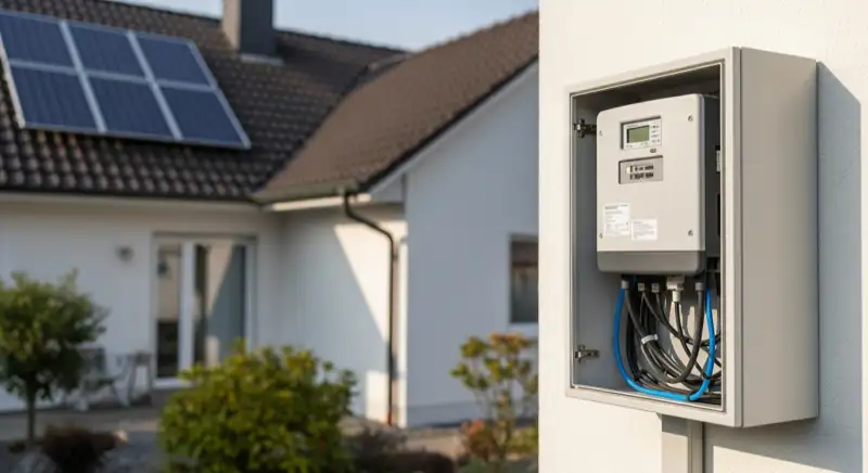 Modern German electrical meter cabinet (Zählerschrank) with smart meter and solar inverter connection, clean technical installation
