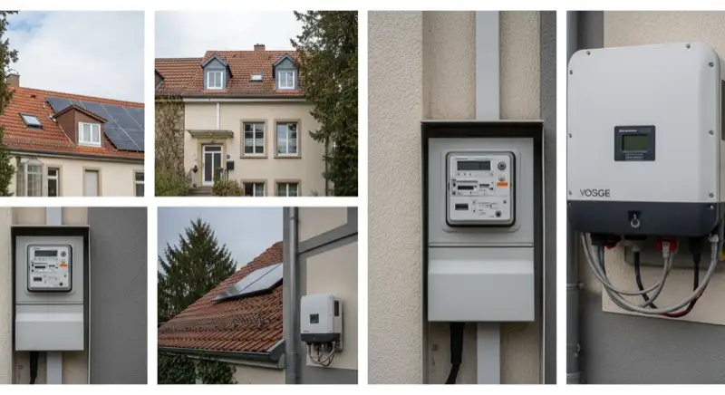 Modern German electrical meter cabinet (Zählerschrank) with smart meter and solar inverter connection, clean technical installation