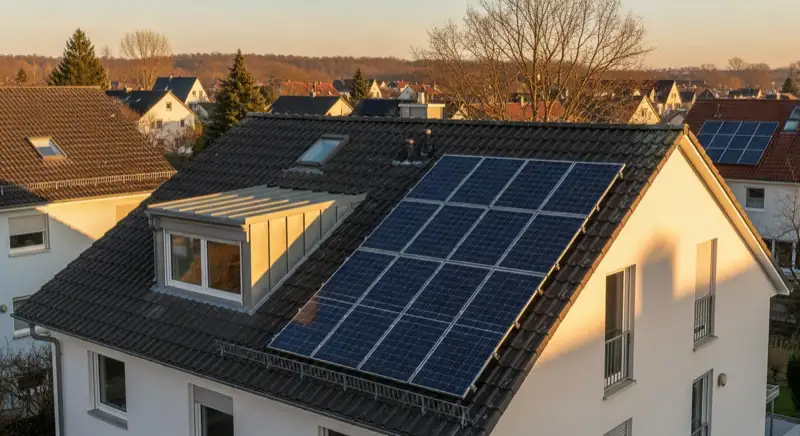 Einfamilienhaus in Karlsruhe mit PV-Anlage auf Satteldach, Wallbox in der Einfahrt und Wärmepumpen-Außeneinheit