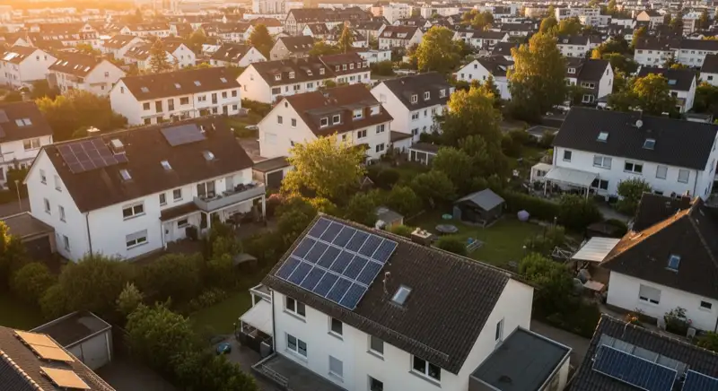 Aerial drone view of typical German residential neighborhood with mixed roof types, red and dark roof tiles, gardens visible, sunny day