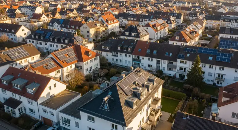Aerial drone view of typical German residential neighborhood with mixed roof types, red and dark roof tiles, gardens visible, sunny day