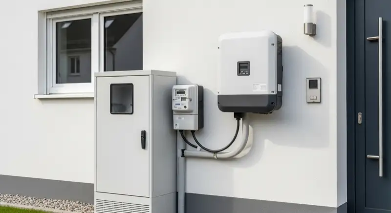 Modern German electrical meter cabinet (Zählerschrank) with smart meter and solar inverter connection, clean technical installation