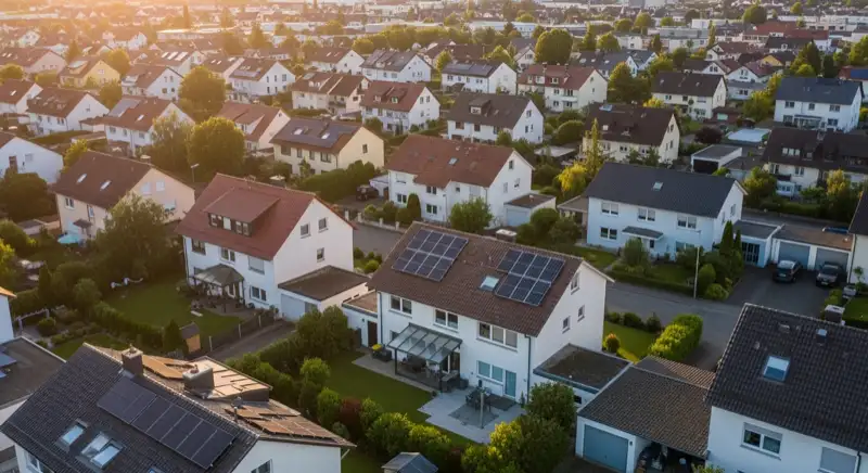 Aerial drone view of typical German residential neighborhood with mixed roof types, red and dark roof tiles, gardens visible, sunny day