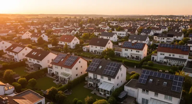Aerial drone view of typical German residential neighborhood with mixed roof types, red and dark roof tiles, gardens visible, sunny day
