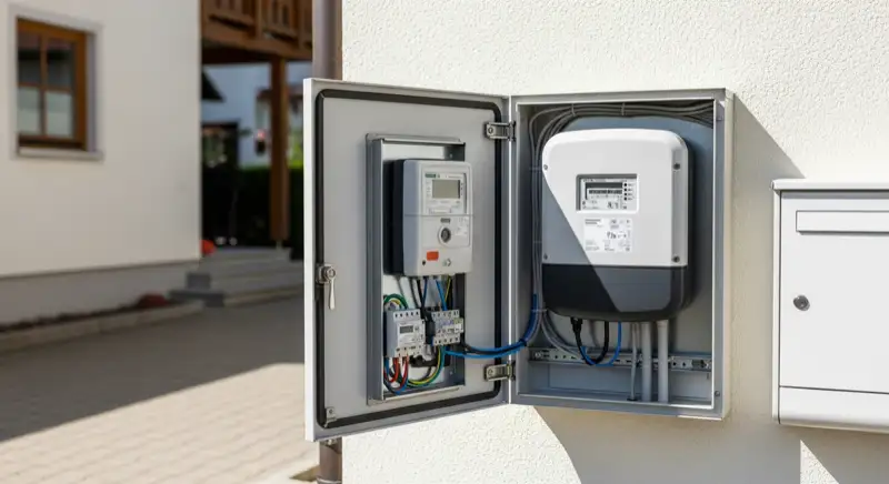 Modern German electrical meter cabinet (Zählerschrank) with smart meter and solar inverter connection, clean technical installation