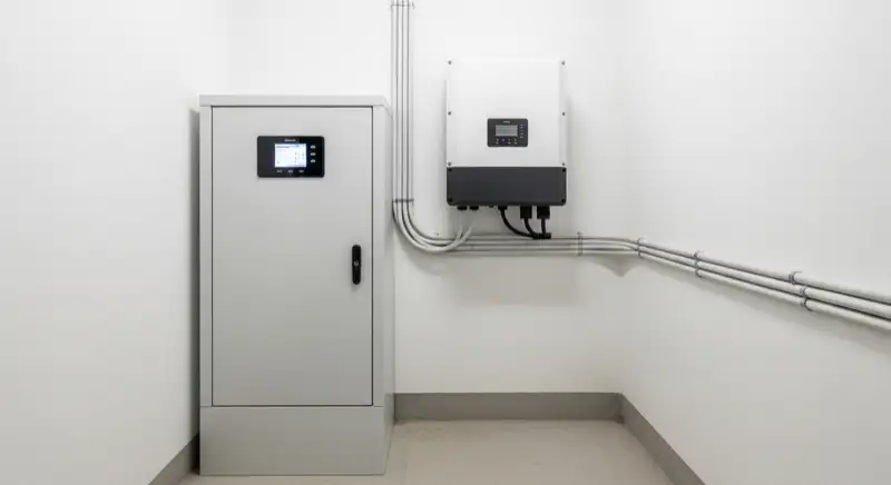 Modern German electrical meter cabinet (Zählerschrank) with smart meter and solar inverter connection, clean technical installation