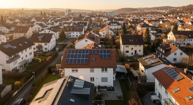 Aerial drone view of typical German residential neighborhood with mixed roof types, red and dark roof tiles, gardens visible, sunny day