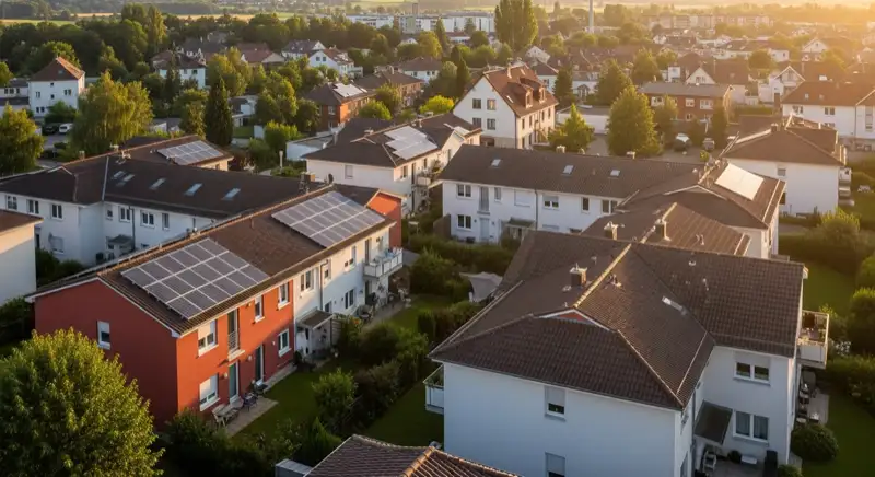 Aerial drone view of typical German residential neighborhood with mixed roof types, red and dark roof tiles, gardens visible, sunny day