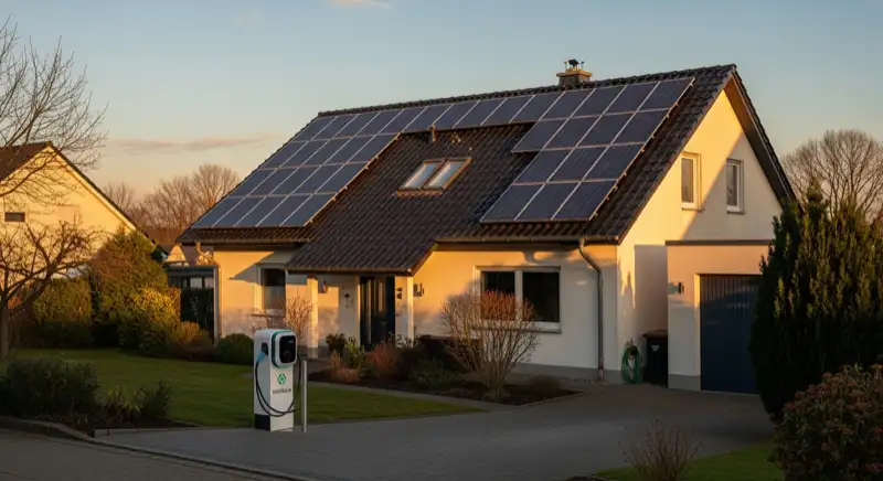 Einfamilienhaus in Kerpen mit Photovoltaikanlage auf dem Dach und Wallbox in der Einfahrt