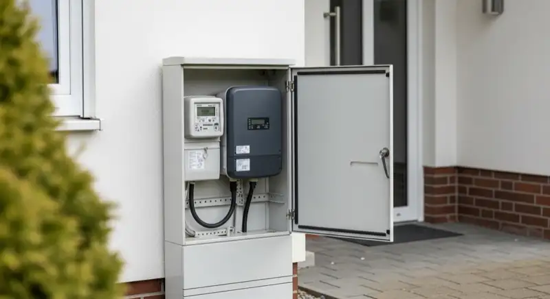 Modern German electrical meter cabinet (Zählerschrank) with smart meter and solar inverter connection, clean technical installation