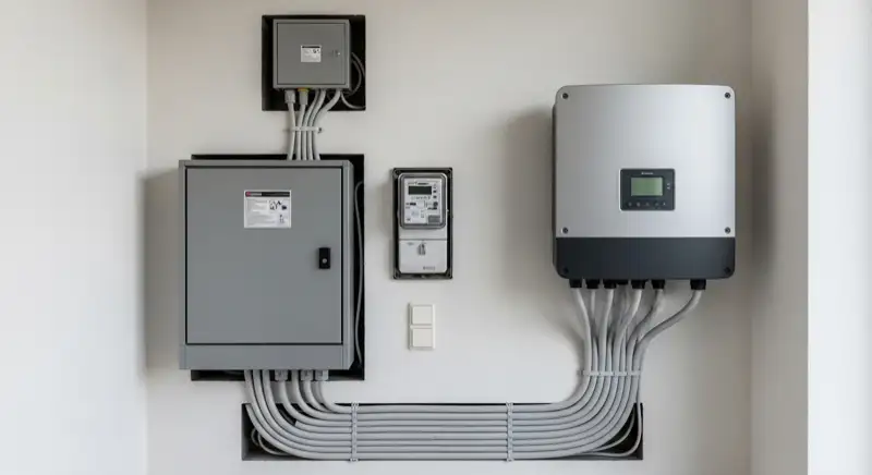 Modern German electrical meter cabinet (Zählerschrank) with smart meter and solar inverter connection, clean technical installation
