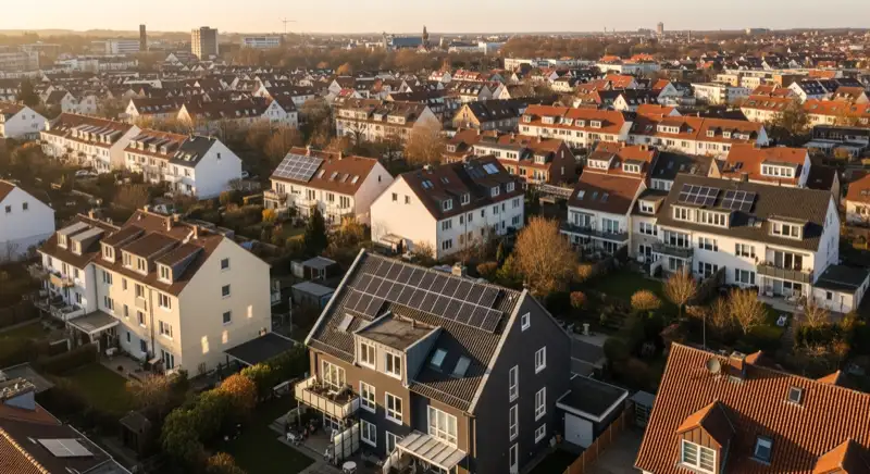 Aerial drone view of typical German residential neighborhood with mixed roof types, red and dark roof tiles, gardens visible, sunny day