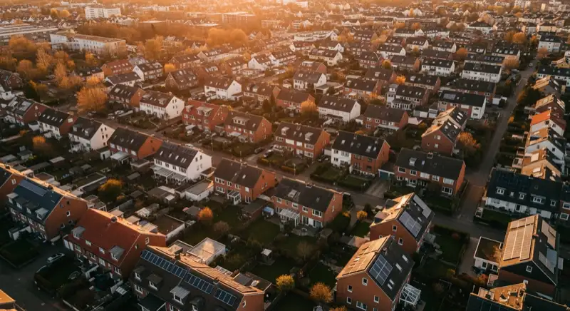 Aerial drone view of typical German residential neighborhood with mixed roof types, red and dark roof tiles, gardens visible, sunny day