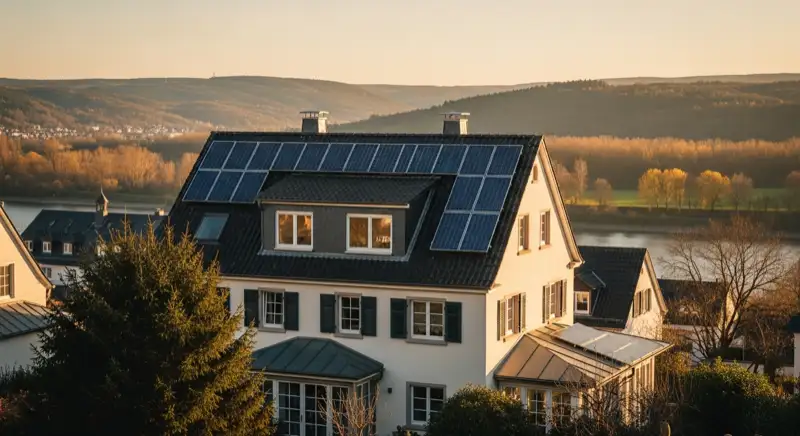 Villa mit Photovoltaikanlage auf dem Dach in Koblenz umgeben von grünen Bäumen