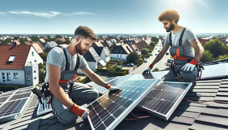 Solarinstallateur bei der Montage auf einem Krefelder Hausdach