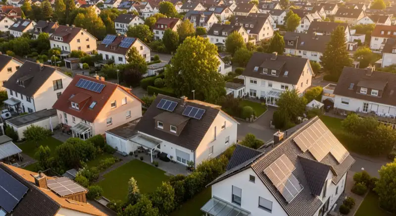 Aerial drone view of typical German residential neighborhood with mixed roof types, red and dark roof tiles, gardens visible, sunny day