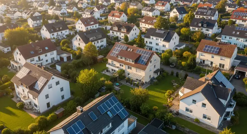 Aerial drone view of typical German residential neighborhood with mixed roof types, red and dark roof tiles, gardens visible, sunny day