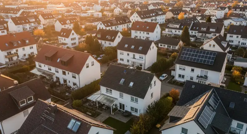 Aerial drone view of typical German residential neighborhood with mixed roof types, red and dark roof tiles, gardens visible, sunny day