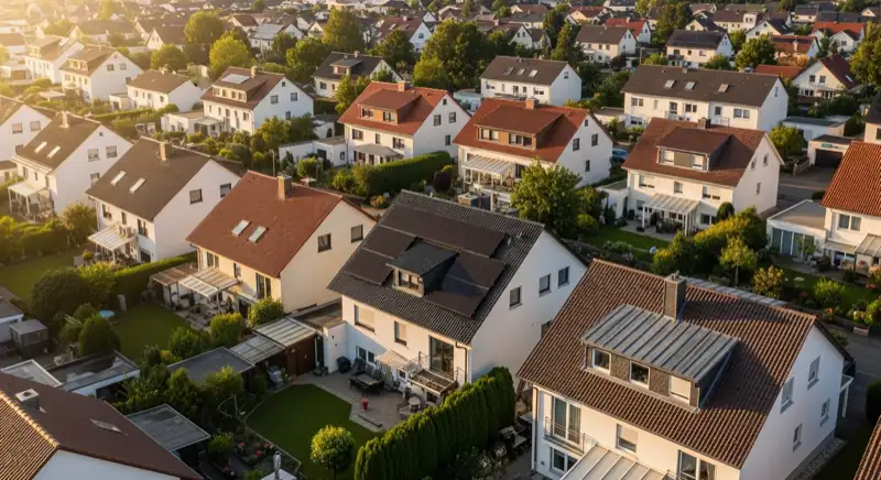 Aerial drone view of typical German residential neighborhood with mixed roof types, red and dark roof tiles, gardens visible, sunny day