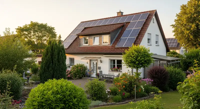 German detached house (Einfamilienhaus) with photovoltaic panels on pitched roof, well-maintained garden, warm afternoon sunlight