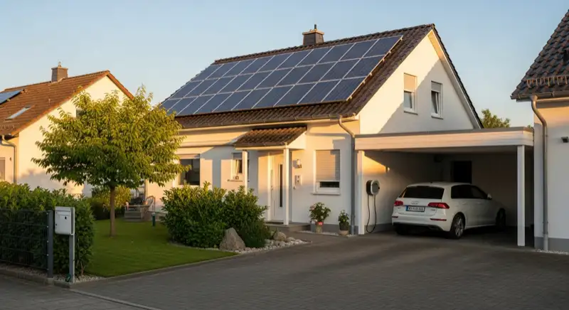 Einfamilienhaus in Landau mit PV-Anlage auf dem Dach und intelligenter Wallbox im Carport zum laden des Elektroautos