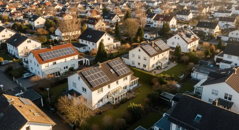 Aerial drone view of typical German residential neighborhood with mixed roof types, red and dark roof tiles, gardens visible, sunny day