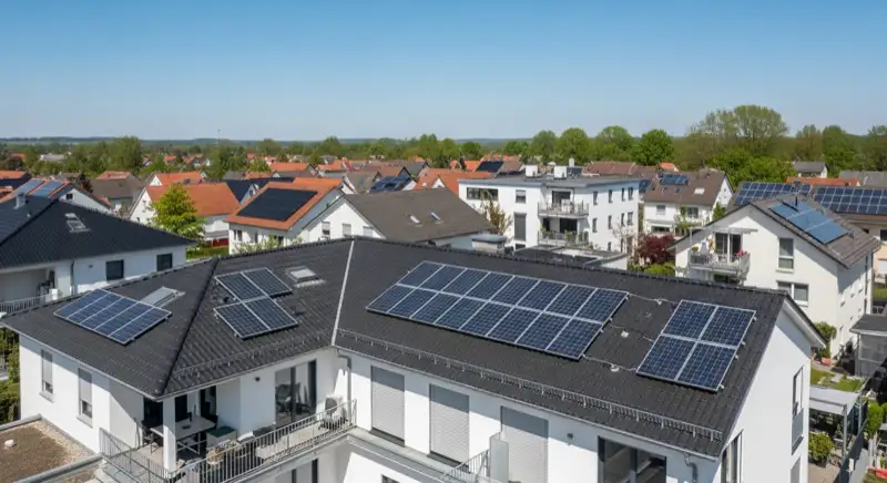 Aerial drone view of typical German residential neighborhood with mixed roof types, red and dark roof tiles, gardens visible, sunny day