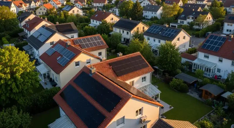 Aerial drone view of typical German residential neighborhood with mixed roof types, red and dark roof tiles, gardens visible, sunny day