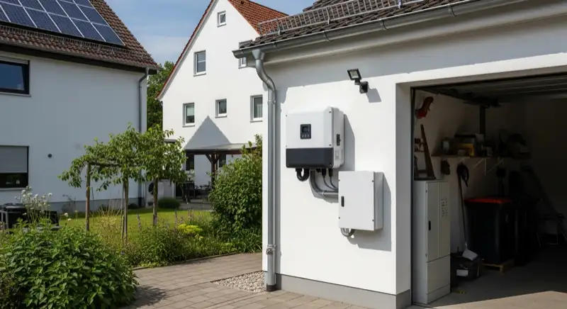 Modern solar inverter mounted on garage wall next to electrical panel, clean professional installation, natural daylight