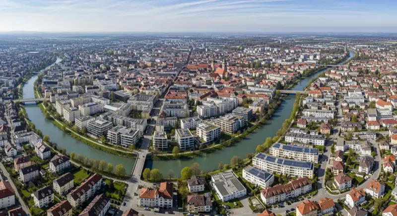 Panoramablick über Landshut mit Isar und modernen Wohngebieten mit Solaranlagen